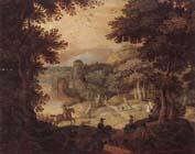 unknow artist a wooded landscape with a hunting party at the edge of a lake,a castle beyond Spain oil painting art